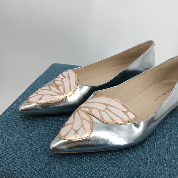 Sophia Webster Bibi Butterfly Silver Metallic Patent-leather Point-toe Flats 6.5 - Picture 9 of 16